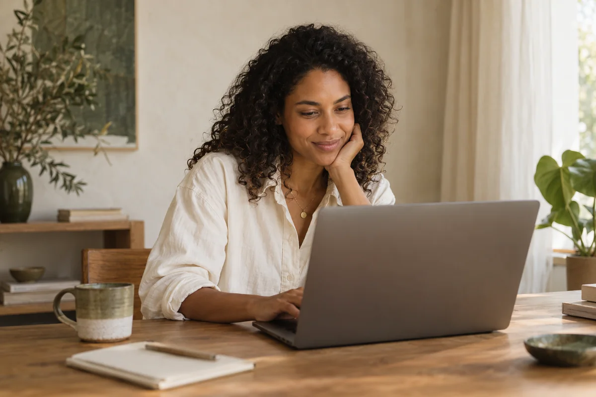 A professional working on her laptop in a sunlit studio.