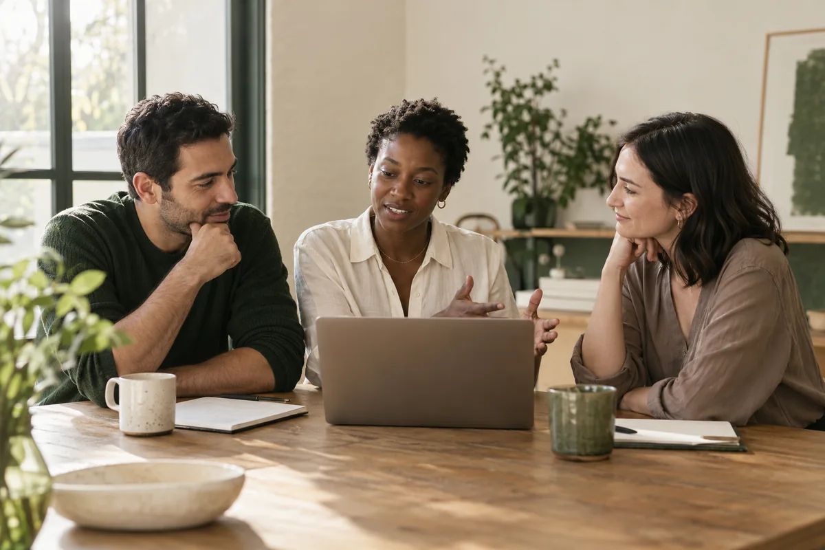 Three colleagues sharing ideas around a laptop.